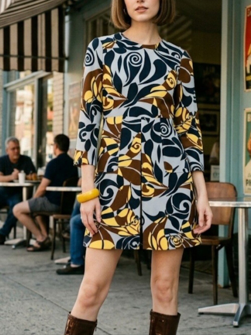 Zara 60s-Inspired Long Sleeve Mini Dress Size XS Brown Yellow Blues